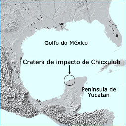 Mapa mostrando a localização da cratera de impacto de Chicxulub