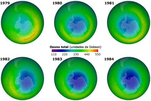 Mapas da NASA do buraco na camada do ozono sobre a Antártica, de 1979 a 1984, recolhidos em Outubro