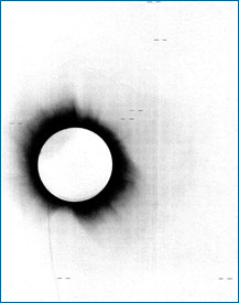 O negativo de uma das chapas fotográficas de Eddington e Dyson do eclipse com linhas tracejadas indicando as posições das estrelas