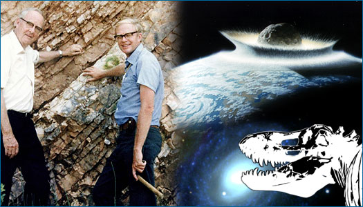 À esquerda, Luís e Walter Alvarez, junto das camadas de rocha (Gubbio, Itália), nas quais foram encontrados vestígios de irídio anormalmente elevados correspondentes ao limite Cretácico-Paleogénico (K-Pg). Seria a evidência de uma supernova antiga ou de um impacto de um asteroide? Estaria relacionado com a extinção dos dinossauros?